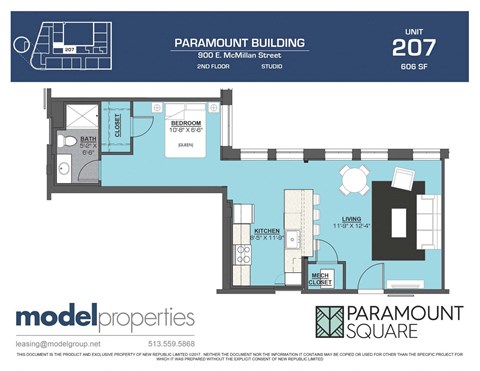 Floor plan for studio, 1 bath, 606 sqft